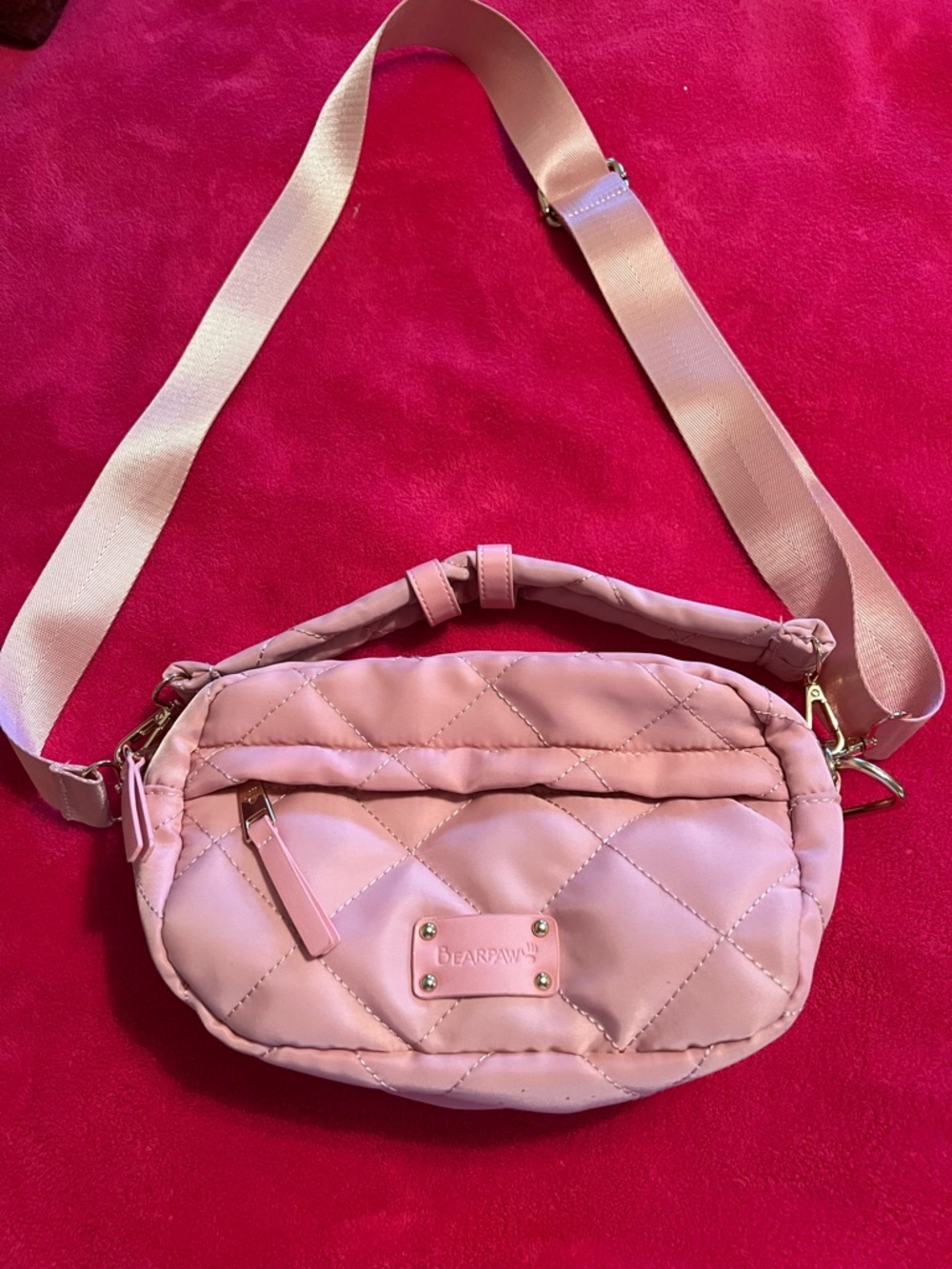 BearPaw Quilted Pink Crossbody Bag with Gold Accents